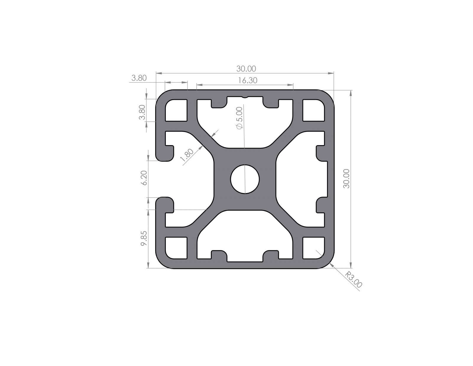 Aluminiumprofil 30x30 Nut 6 I-Typ Leicht 3N